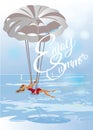 Series of summer backgrounds with summer activities: girl paragliding over the sea waves. Fashion people on the beach.